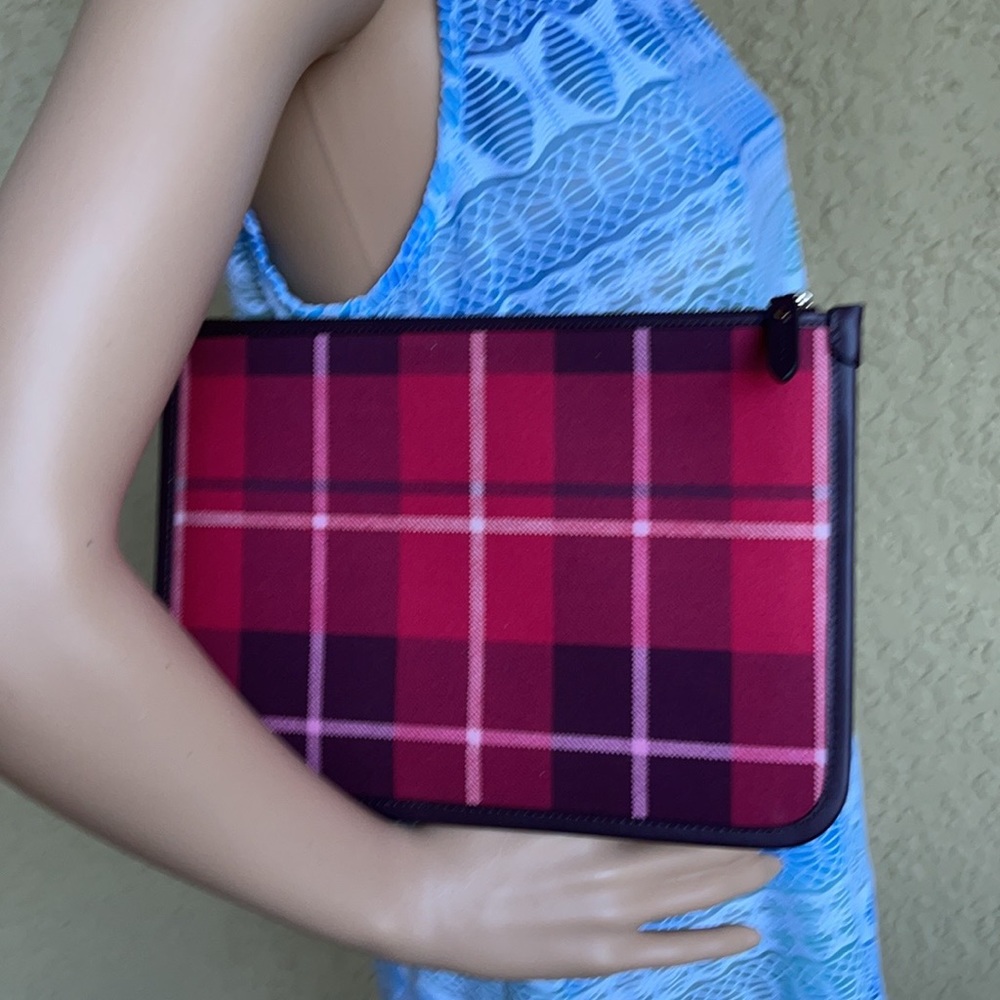 Kate Spade Ella Plaid Bright Rose Large Zip Pouch Clutch - Picture 10 of 16